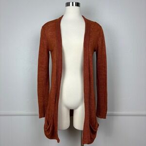 Eileen Fisher Petite Long Cardigan Burnt Orange Open Front Sz PM Linen SemiSheer